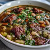 A steaming bowl of ham bone bean soup with smoky paprika, featuring tender beans and savory ham in a rich broth.  