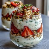 Layered pistachio and strawberry breakfast parfait with creamy Greek yogurt and crunchy granola in clear glass jars.