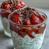 Layers of thick Greek yogurt chia pudding with sweet macerated strawberries and a sprinkle of dark chocolate shavings for an indulgent yet wholesome treat.