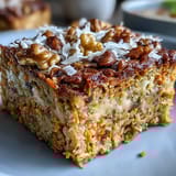 Wholesome Spring Carrot Cake Baked Oatmeal Squares with grated carrots, warm spices, and crunchy walnuts, ready for a cozy breakfast.