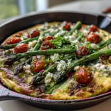 Healthy Easy Spring Veggie Frittata with vibrant asparagus, spinach, and feta cheese, baked golden and perfect for brunch.