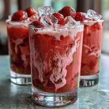 A vibrant pink drink with strawberry açaí and coconut milk, served over ice with fresh strawberry slices.