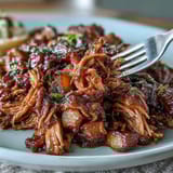 2. Slow-cooked honey peach BBQ pulled pork with tender meat and fruity glaze, served on soft buns.  