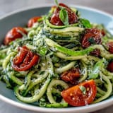 Spiralized zucchini with homemade pesto and sweet cherry tomatoes in a light, healthy vegetarian dish.  