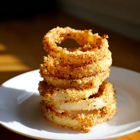 Close-up photo of perfectly battered onion rings, hot and golden, ready to savor with favorite dipping sauce.