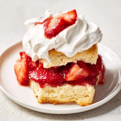 Homemade strawberry shortcake with golden biscuits and vibrant red strawberry filling, ready to eat.