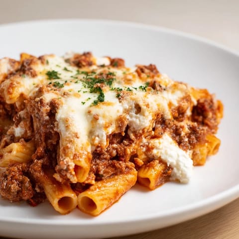 A close-up of cheesy Baked Ziti, showcasing layers of pasta, ricotta, and bubbly, golden cheese crust.