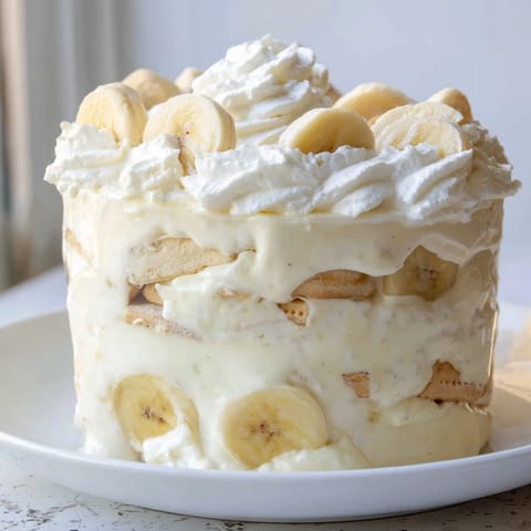 A layered bowl of creamy banana pudding with fresh banana slices and wafers.