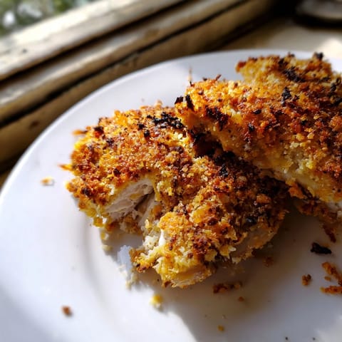 Close-up of Roasted Garlic Parmesan Chicken with a golden, crunchy Parmesan topping, garnished with fresh parsley on a rustic plate.  
