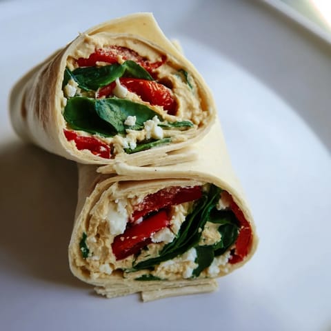 Golden-wrapped Mediterranean Veggie Wrap sliced on a diagonal, revealing layers of spinach, tangy feta, and smoky roasted peppers.