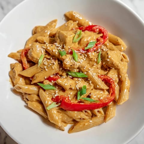 Sweet Chili Chicken Pasta plated with fresh cilantro and spring onions, steam rising from the colorful, glossy noodles and tender meat.