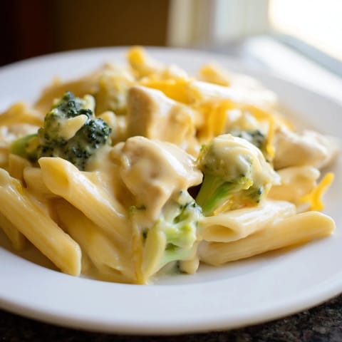 Freshly cooked Chicken Broccoli Cheddar Pasta is served in a white bowl, with penne pasta coated in creamy orange sauce and bright green broccoli.