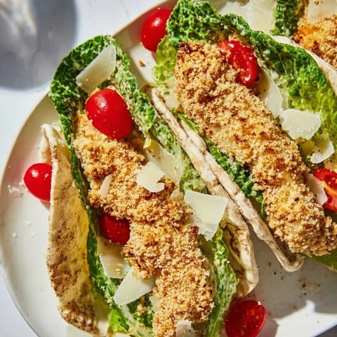 Crispy Chicken Caesar Pita with Parmesan, fresh lettuce, and a drizzle of creamy dressing.  