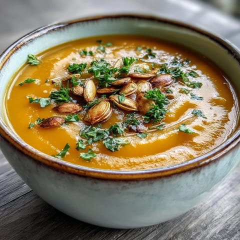 Creamy butternut squash and apple soup in a rustic bowl, garnished with toasted pumpkin seeds and parsley, served warm.  