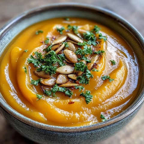 Autumn-inspired butternut squash and apple soup with velvety texture, lightly seasoned with cinnamon and nutmeg.  