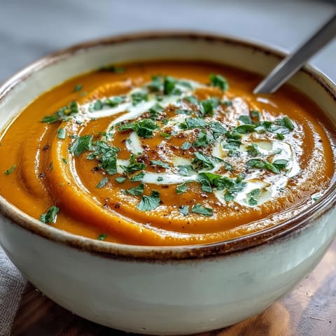 A close-up of Carrot Ginger Soup in a rustic bowl, showcasing a smooth puree and a swirl of coconut cream.