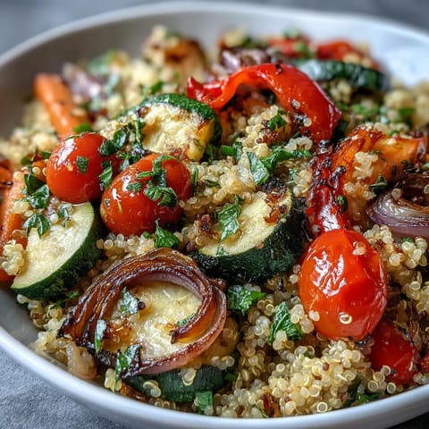 A close-up view of Quinoa Vegetable Pilaf, featuring fluffy grains and colorful roasted red bell pepper, zucchini, and cherry tomatoes.