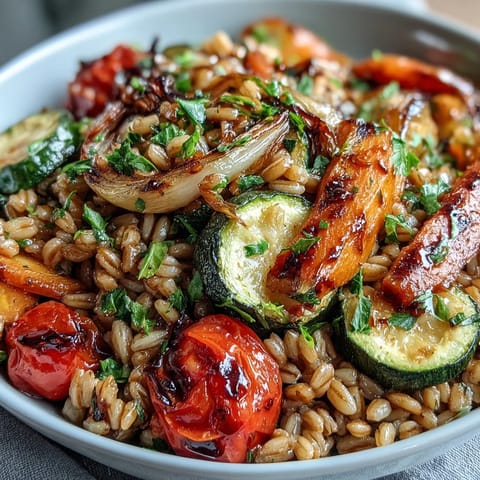 A close-up of Farro With Roasted Vegetables, featuring chewy grains and caramelized cherry tomatoes, zucchini, and red onion tossed in olive oil.