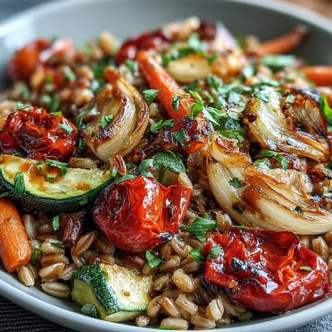 Vibrant bowl of Farro With Roasted Vegetables garnished with fresh parsley, showcasing golden-brown carrots and bell peppers, ready to serve warm.