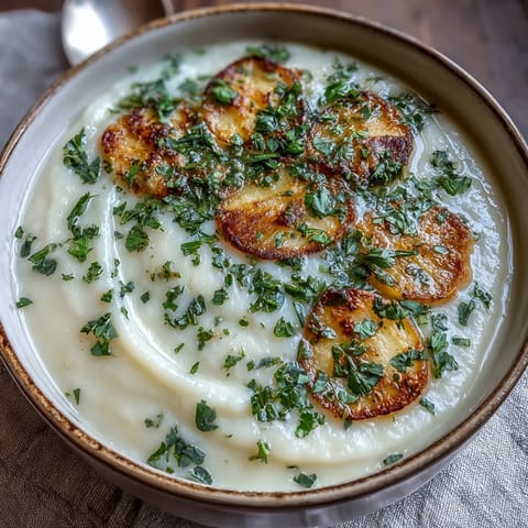 Creamy parsnip and herb soup garnished with fresh chives and parsley, served warm in a rustic white bowl beside crusty bread.