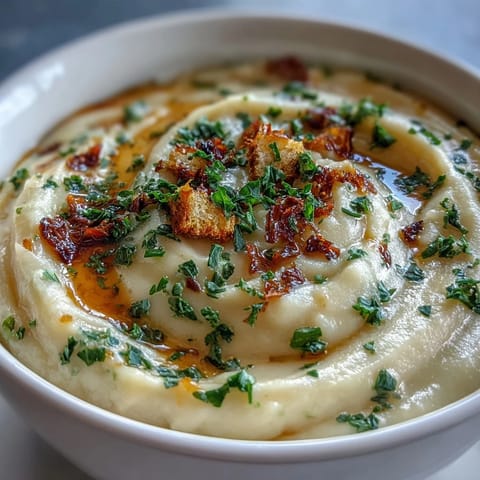 A comforting bowl of Roasted Garlic Soup garnished with fresh parsley and served alongside a slice of toasted crusty bread.