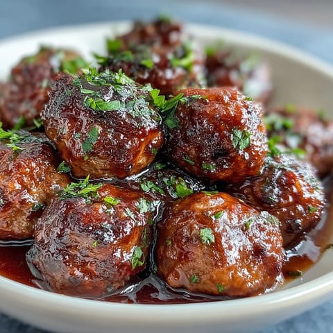 Slow Cooker Peach Glazed Meatballs glistening in a rich, sweet, and tangy sauce inside the slow cooker, ready for a party.