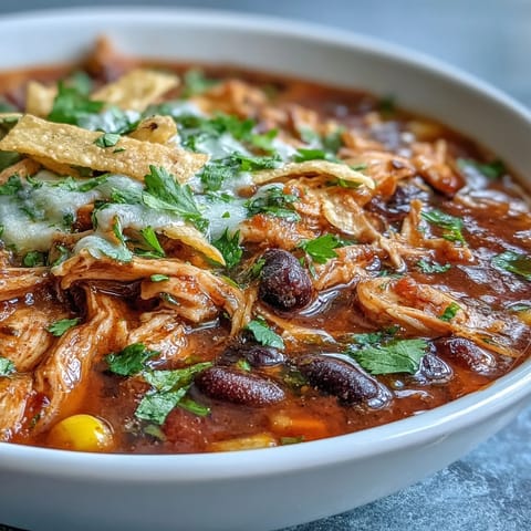 A bowl of Instant Pot Chicken Tortilla Soup topped with avocado, fresh cilantro, and crispy tortilla strips. 