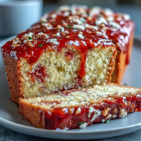 Fresh Blood Orange Loaf Cake with Poppy Seeds and Marzipan is drizzled with glaze on a marble board. 