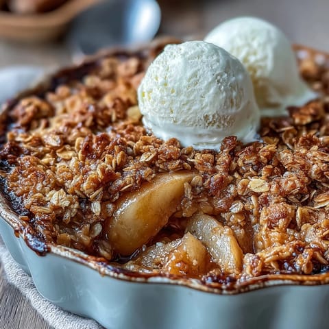 The golden, crunchy crumble topping on baked Pear Crumble sits in a white dish, ready to be served.