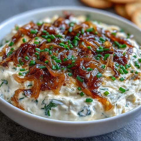 Creamy, bubbly Smoked Gouda & Onion Dip fresh from the oven, topped with fresh chives and served with crunchy tortilla chips.