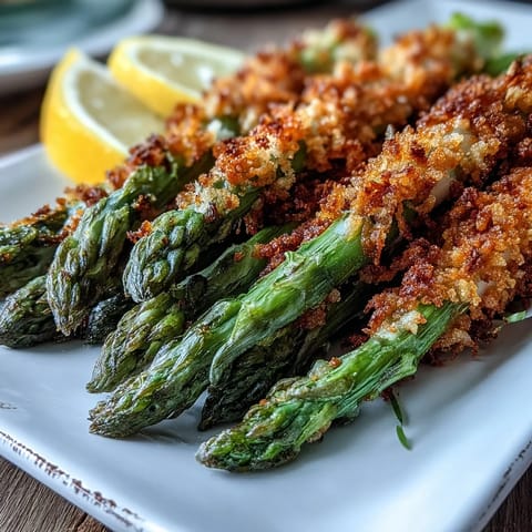 Golden, crunchy Crispy Asparagus Asiago Spears served on a platter with a creamy dipping sauce and fresh lemon slices.