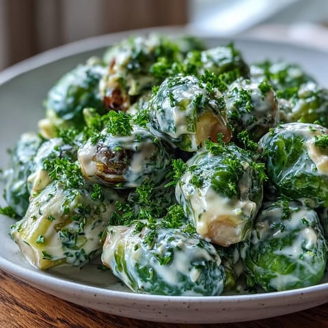 Freshly cooked Brussels sprouts coated in a creamy cream cheese mustard sauce, garnished with parsley.