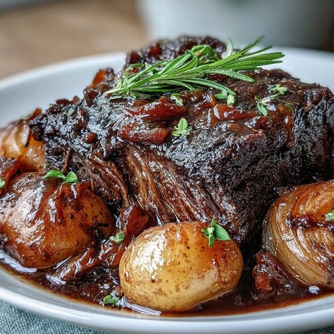 Succulent Beef Pot Roast braised in rich red wine gravy with tender carrots and baby potatoes served hot.