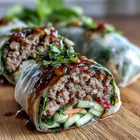 Freshly rolled Thai Basil Beef Rolls served with a tangy, spicy dipping sauce.