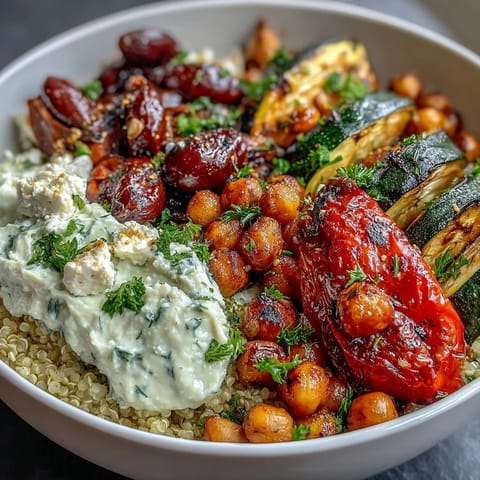 Fluffy quinoa and colorful roasted vegetables create a vibrant Mediterranean Buddha Bowl topped with creamy hummus and crumbled feta.