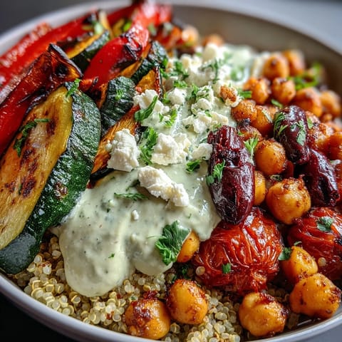 Fork-ready Mediterranean Buddha Bowl features golden chickpeas, tangy Greek yogurt, and salty Kalamata olives on a bed of warm quinoa.