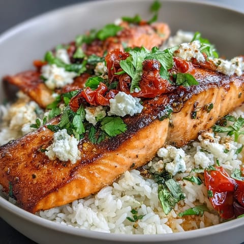 Golden Mediterranean Salmon Bowl with crispy rice, vibrant bell peppers, sun-dried tomatoes, and crumbled feta.