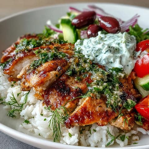 A wholesome Greek Chicken Bowl features juicy marinated chicken, fluffy lemon-herb rice, crisp diced vegetables, and cool tzatziki sauce, ready to serve as a satisfying and colorful weeknight meal.