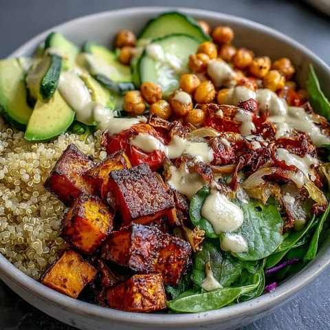 This wholesome Buddha Bowl showcases crisp cucumber, cherry tomatoes, and avocado beside tender quinoa and caramelized sweet potatoes, perfect for a healthy vegan lunch.