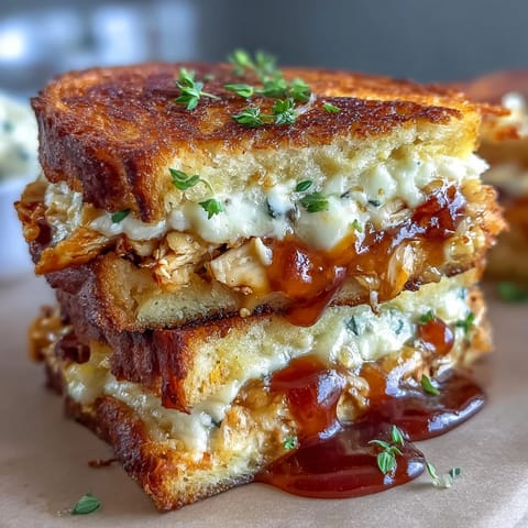 Two halves of a hot honey chicken grilled cheese stacked on a plate, ready to enjoy.