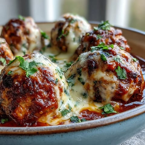 Golden-brown Baked Spicy Chicken Parm Meatballs baked in a skillet with marinara sauce and melted mozzarella.