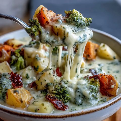 A ladle lifts Creamy Garlic Parmesan Veggie Soup, showing corn, broccoli, and melted mozzarella in a rich broth.