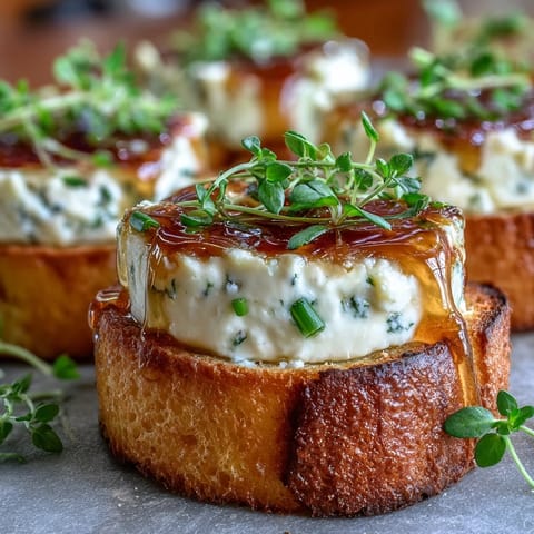 Golden toasted baguette slices topped with creamy goat cheese and a spicy hot honey drizzle, ready to serve.
