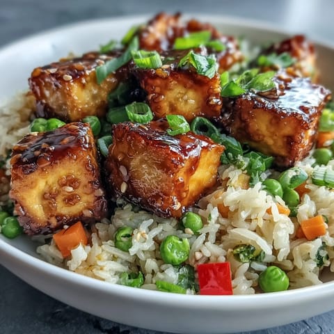 Golden, crispy tofu cubes and vibrant mixed vegetables tossed in a glossy sesame-ginger sauce, served over fluffy fried rice for an easy weeknight dinner.