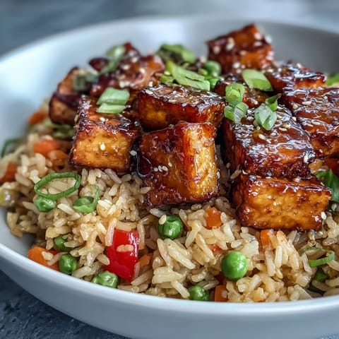 A close-up of pan-fried sesame tofu stir-fry with green onions and peas, showcasing the perfect crispy texture for a TikTok-inspired meal.