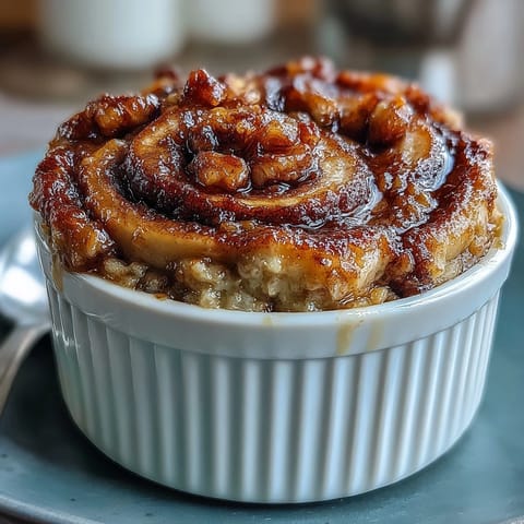Freshly baked Cinnamon Swirl Protein Banana Baked Oats in a ceramic ramekin, finished with a dollop of Greek yogurt and sliced bananas.