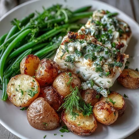 A light, flavorful seafood dinner featuring flaky cod fillets topped with garlic herb butter, paired with perfectly roasted baby potatoes and tender green beans.  