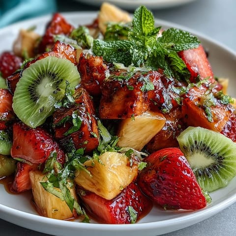 A refreshing bowl of Tropical Fruit Salad with Mint Lime Dressing, combining juicy watermelon, banana, and strawberries, topped with fresh mint leaves and lime zest.