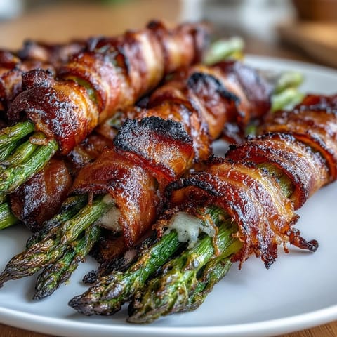 Tender asparagus spears bundled in smoky bacon, sprinkled with Parmesan and baked to perfection for a keto-friendly side dish.  