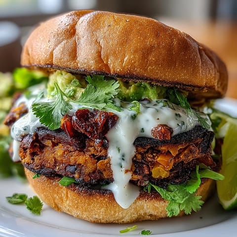 Hearty roasted sweet potato and black bean patties topped with creamy avocado lime sauce for a satisfying vegan meal.  